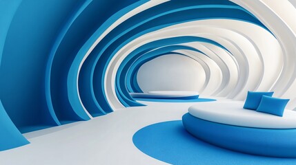 Obraz premium Elegant white architectural building with abstract design, positioned against a stunning city skyline and ocean view. The minimalist background, clean ground, and expansive sky create a perfect settin