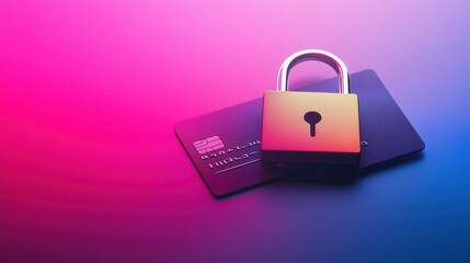 Padlock securing credit card on gradient background: ensuring online transaction safety