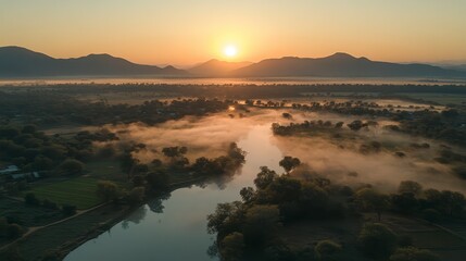 Misty Sunrise River Valley Landscape Aerial View