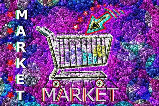 Carrito compra de mercado en mosaico-collage con flecha para uso en comercio digital y p&aacute;ginas web con fondo morado y azul, textura, gresite, porcelana, cer&aacute;mica