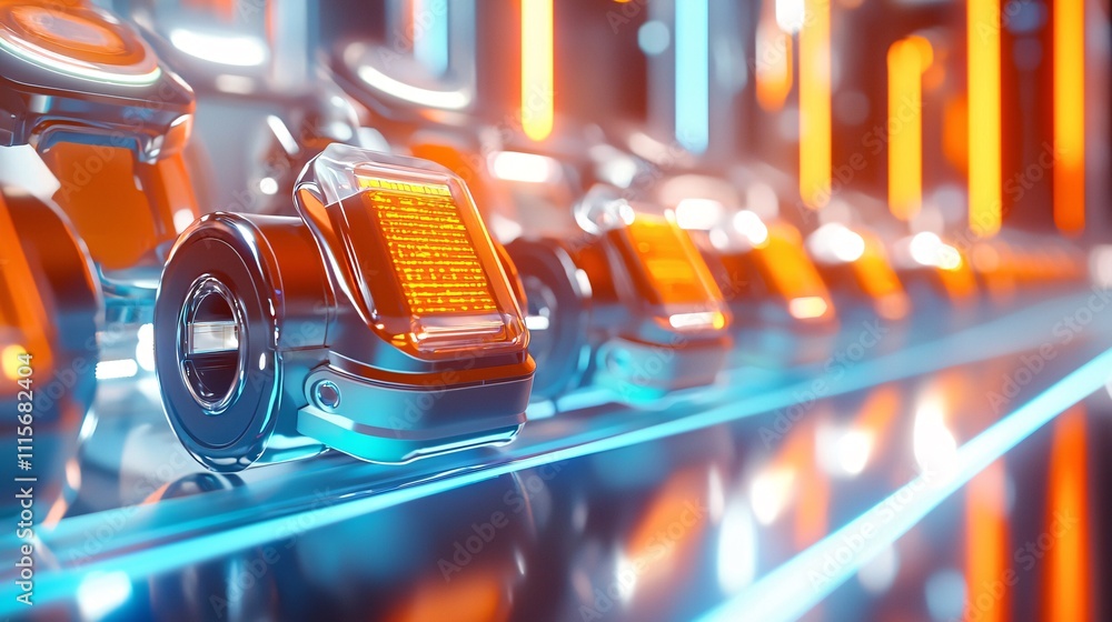 Poster robotics with automation industry concept. futuristic technology showcase with neon highlights
