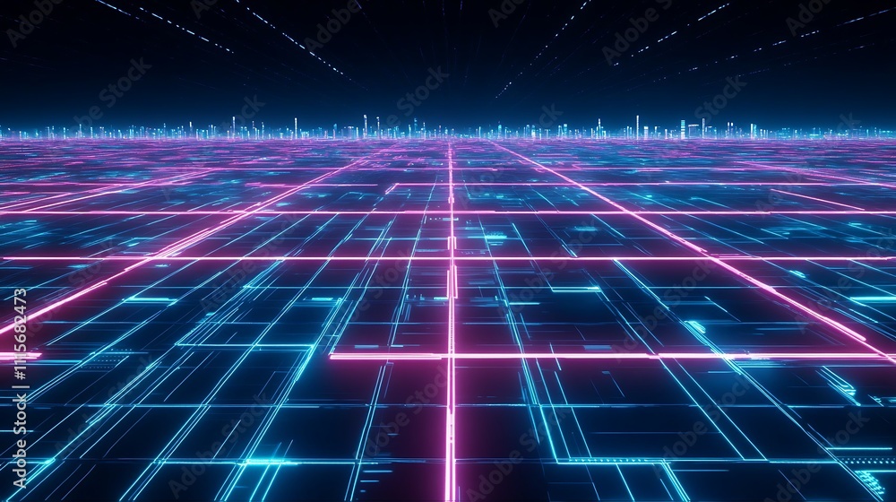 Poster Futuristic Digital Landscape with Neon Lines and Grid Pattern in a Virtual Reality Space