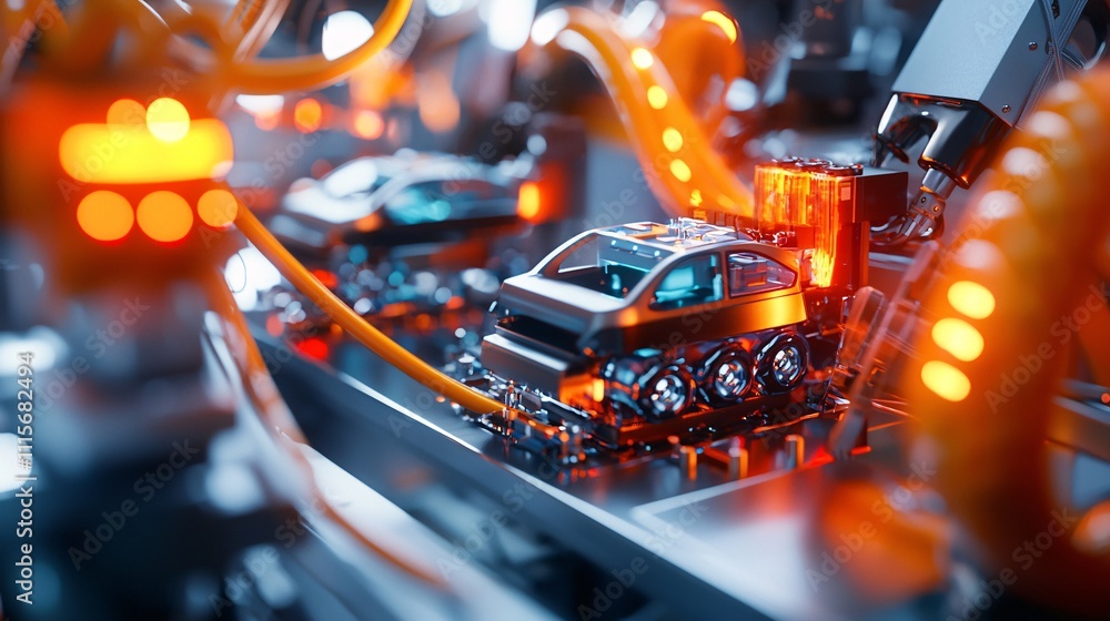 Poster robotics with automation industry concept. futuristic automated assembly line with cars and lights