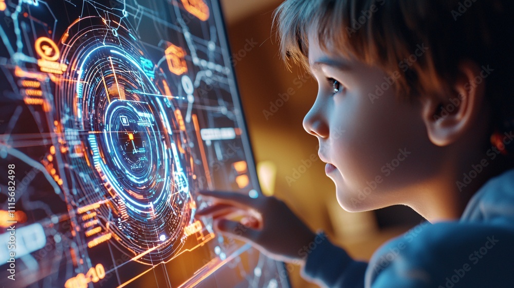 Poster robotics with automation industry concept. young boy interacting with futuristic digital interface
