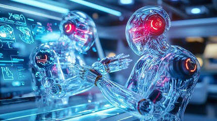 Fototapeta premium Robotics with Automation Industry Concept. Futuristic Transparent Robots Analyzing Digital Data