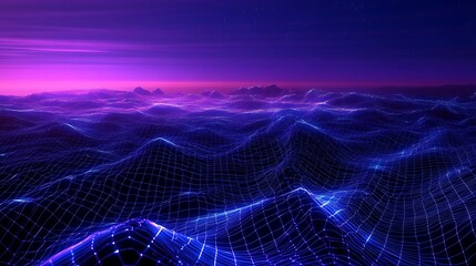 Futuristic Digital Landscape with Neon Waves and Mesh Grid Under a Purple and Blue Sky