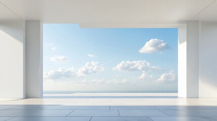 Fototapeta premium Elegant white architectural building with abstract design, positioned against a stunning city skyline and ocean view. The minimalist background, clean ground, and expansive sky create a perfect settin