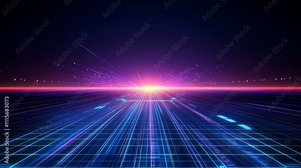 Poster futuristic digital landscape with vibrant light rays and grid design for tech and sci-fi backgrounds