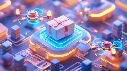 Robotics with Automation Industry Concept. Delivery Drones Over Futuristic City Circuit Board