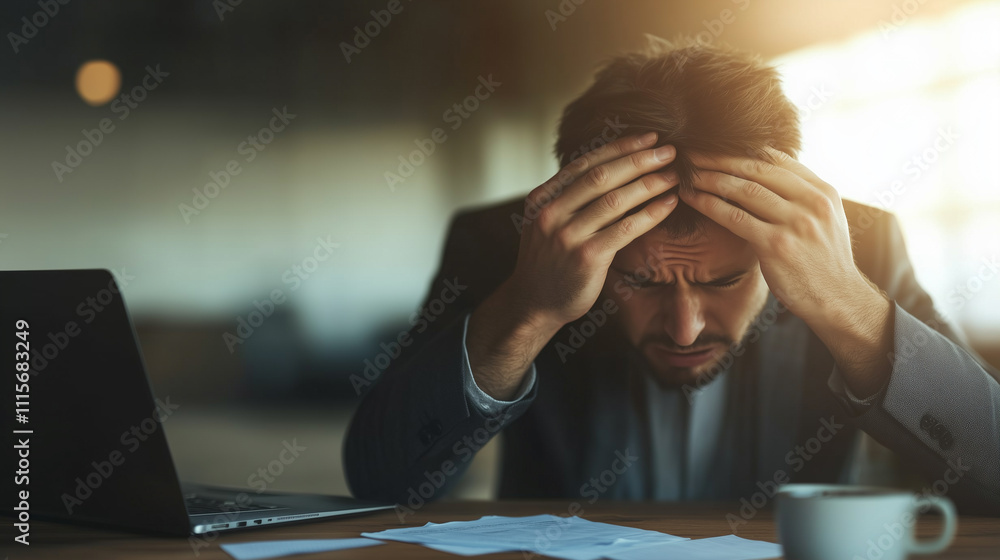 Wall mural A man in a suit is sitting at a desk with a worried expression on his face with a laptop and a cup of coffee