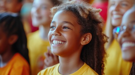 Obraz premium Smiling young girl in crowd watching something with joy and anticipation.