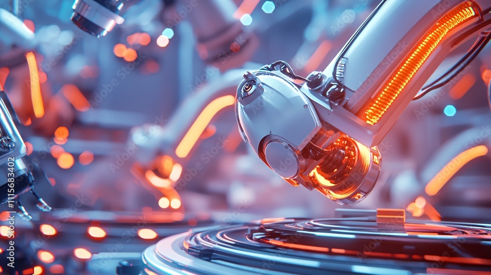 Poster robotics with automation industry concept. futuristic robotic arm in high-tech industrial space