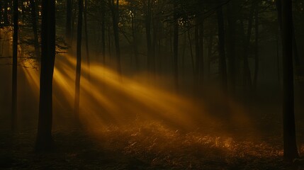 Obraz premium Mystical Sunrise Forest Golden Rays Misty Woods Nature Scene