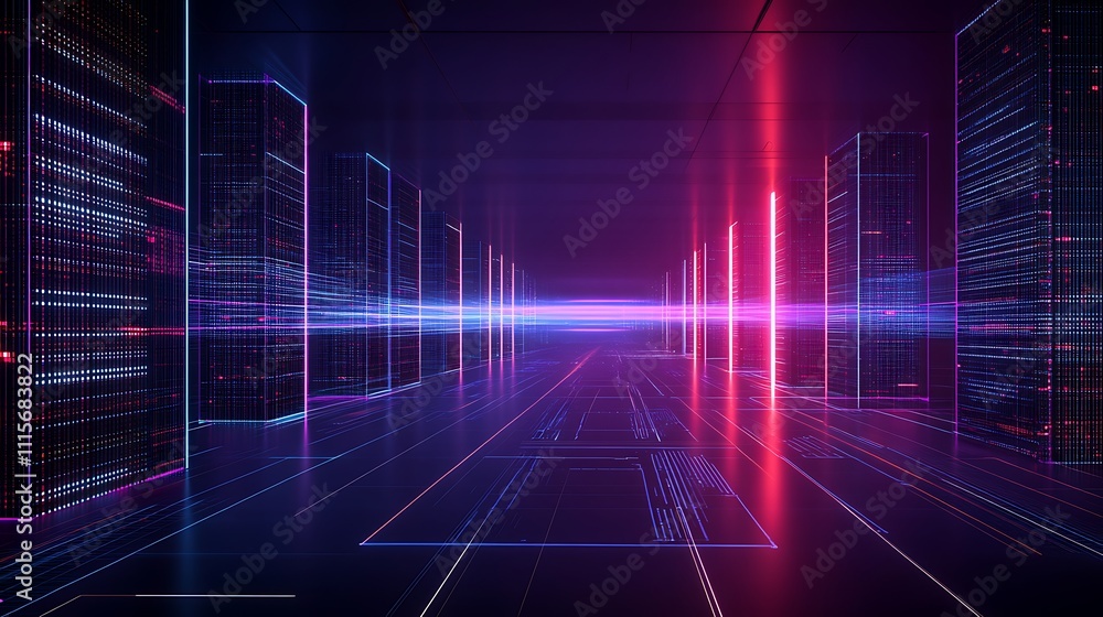Poster futuristic digital network with neon lights and data center aesthetics in a virtual environment