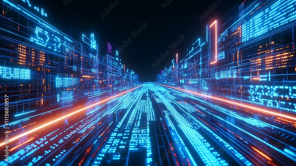 Poster futuristic digital pathway with neon lights and data streams creating a tech-inspired environment