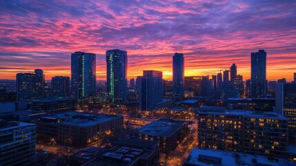 Fototapeta premium Vibrant sunset over a city skyline with illuminated buildings.