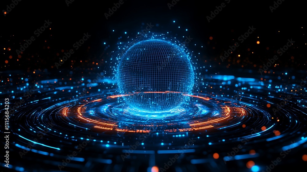 Poster Futuristic Digital Sphere with Glowing Particles and Circular Light Effects in Dark Background