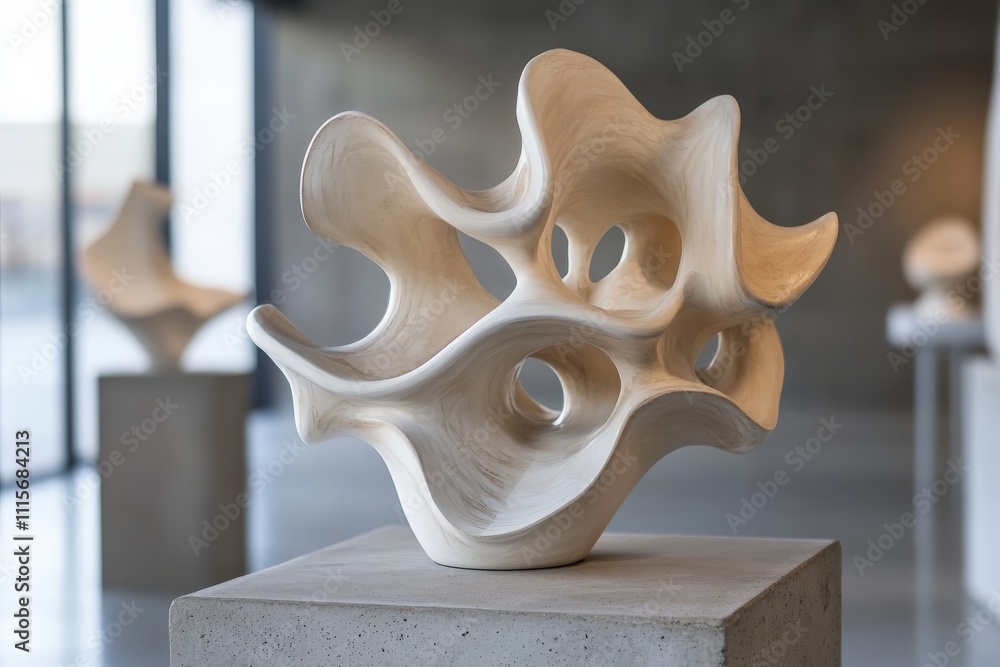 Poster a visually intriguing abstract sculpture stands prominently in a minimalist gallery, offering a capt
