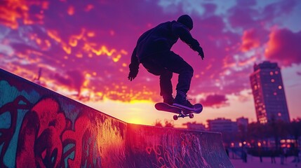 Naklejka premium A skateboarder performs a trick at sunset, capturing the thrill of urban sports.