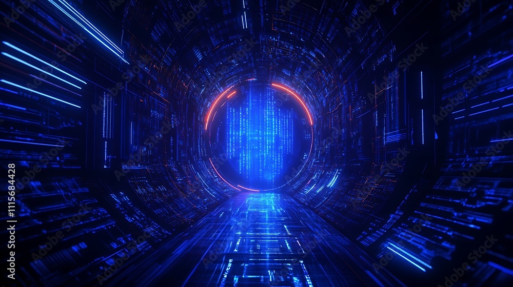 Poster futuristic digital tunnel with glowing lines and circular patterns in a high-tech environment