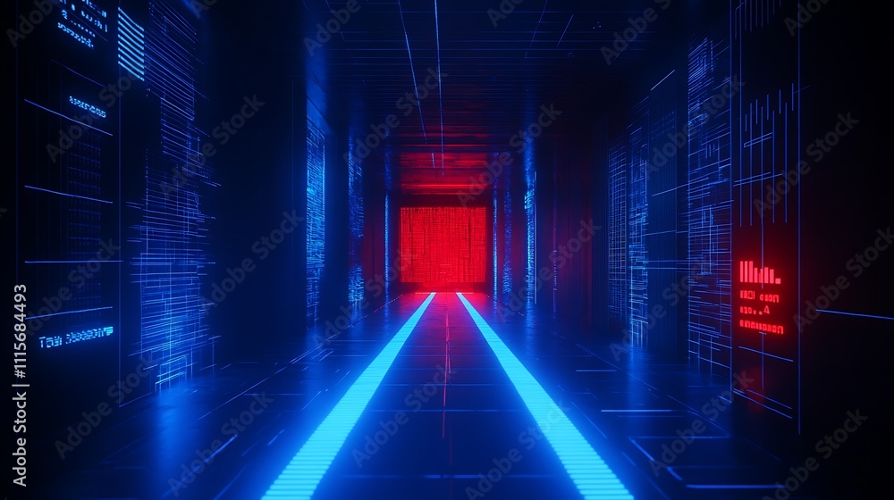 Poster futuristic digital tunnel with glowing neon lights and data visualization elements in dark environme