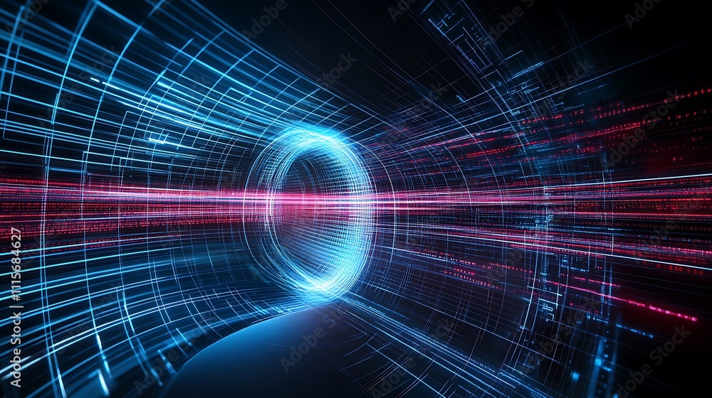 Poster futuristic digital tunnel with light trails and data flow representing speed and technology in abstr