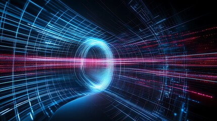 Obraz premium Futuristic Digital Tunnel with Light Trails and Data Flow Representing Speed and Technology in Abstract Background