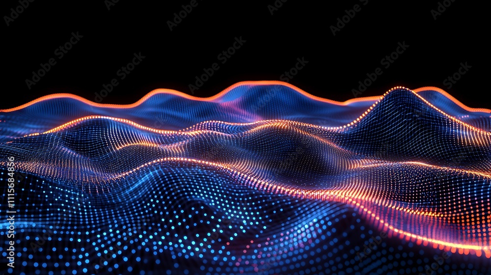 Poster futuristic digital waves with glowing lines and dots on a dark background representing technology an