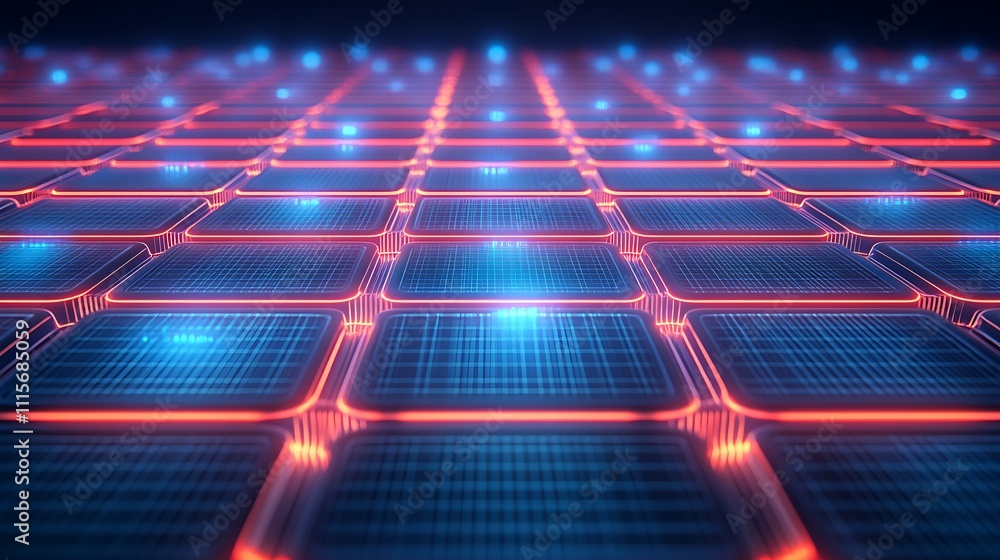 Poster futuristic grid pattern with neon lights and circuit design in a digital environment