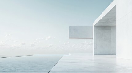 Obraz premium Modern white architectural building with artistic and abstract design, featuring a clean, minimalist background. The spacious ground and sky offer an ideal setting for an automotive advertisement back