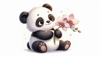 Naklejka premium Cute panda holding an orchid flower on a white background. Watercolor illustration for design and print