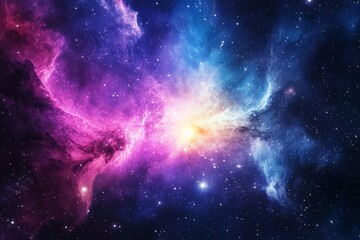 Fototapeta premium A breathtaking cosmic scene features a vibrant nebula with colorful star fields spanning the universe, invoking a sense of wonder and boundless possibilities.
