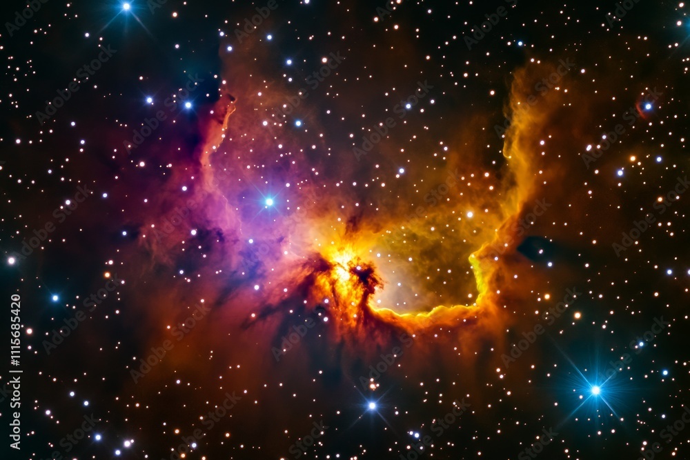Poster a vibrant and colorful nebula is depicted, surrounded by numerous bright stars in the vastness of de