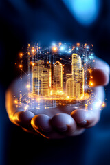 Obraz premium A hand displays a glowing holographic city map representing advanced architecture and digital connectivity