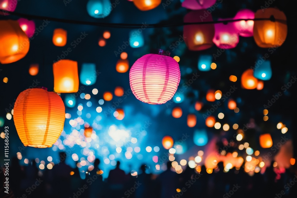 Poster A vibrant display of colorful lanterns lights up the night sky as a crowd of people gathers below, creating a magical atmosphere filled with wonder and celebration.