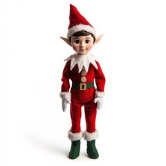 A small elf doll is standing on a white background
