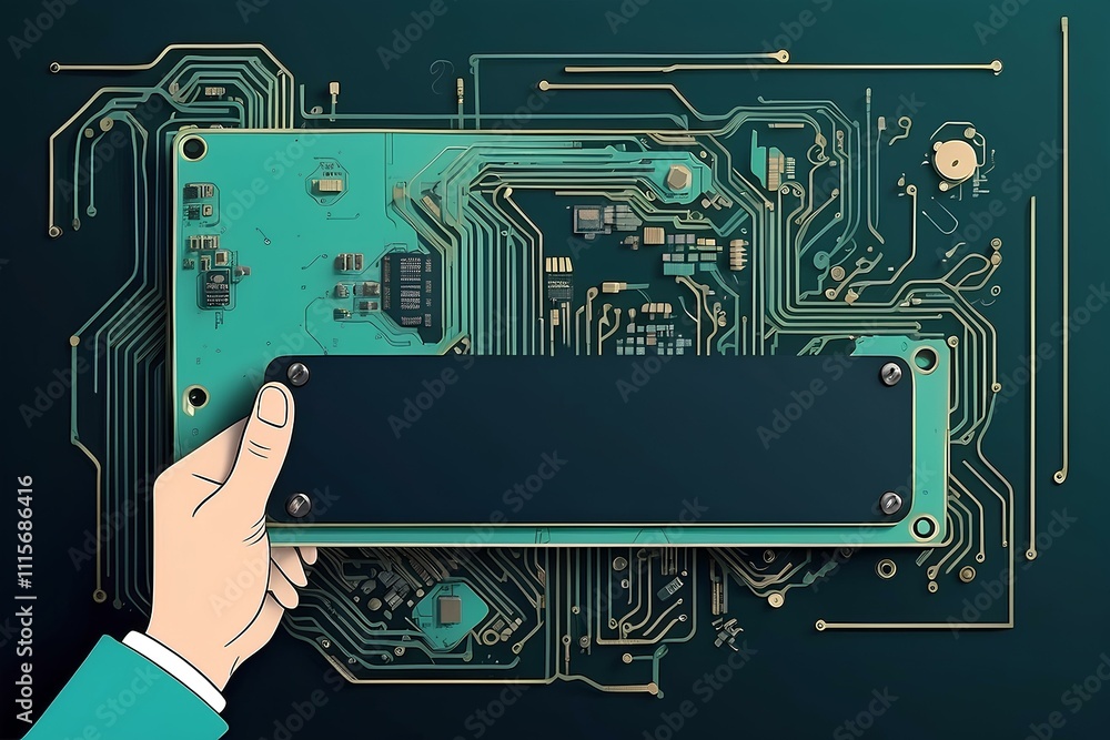 Poster close-up of a high-tech circuit board with glowing elements, showcasing innovation and engineering e