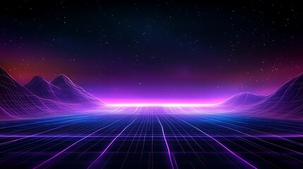 Futuristic Landscape with Neon Lights and Starry Sky in Synthwave Style Art