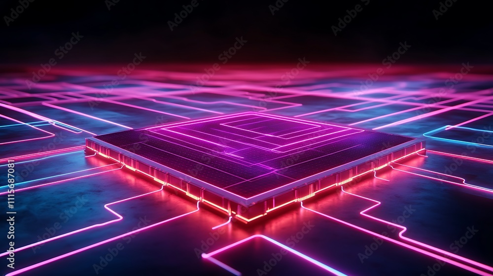 Poster futuristic neon circuit board with glowing lines and digital patterns in dark background