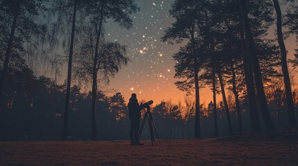 Fototapeta premium Stargazer Observing Night Sky in Forest