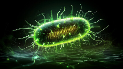 Vibrant depiction of a rod-shaped bacterium with dynamic flagella