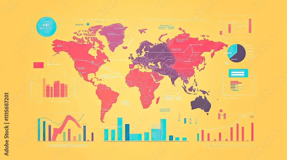 Poster global data visualization: world map with integrated charts and graphs