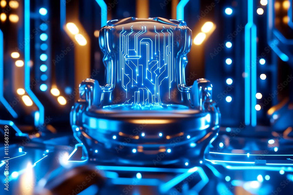 Poster a metallic throne with glowing circuits is at the center of a high-tech space illuminated in blue li