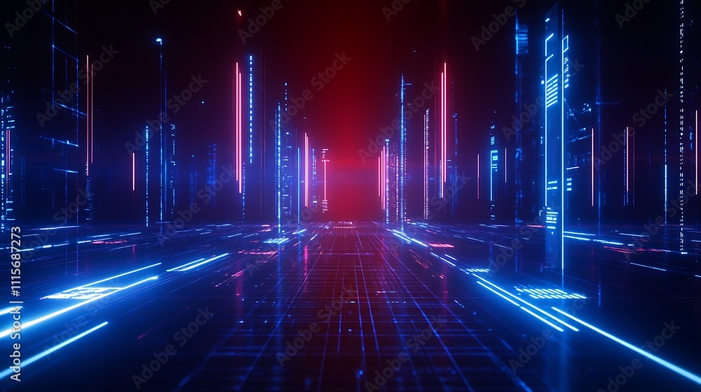 Poster futuristic neon cityscape with glowing lines and digital structures in a cyberpunk environment