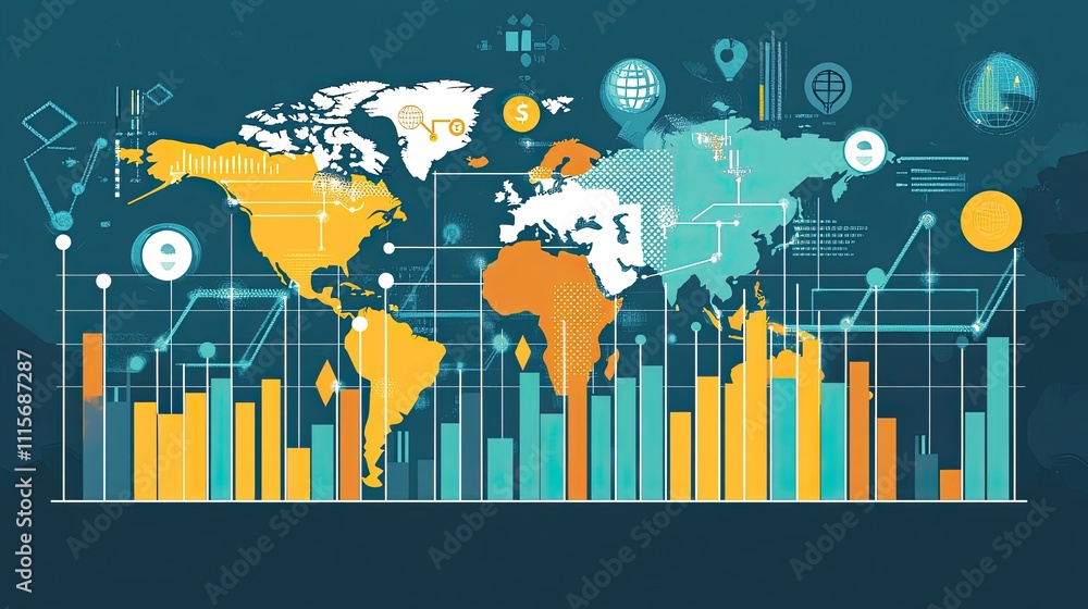 Aufkleber global business data visualization: world map with financial charts and icons