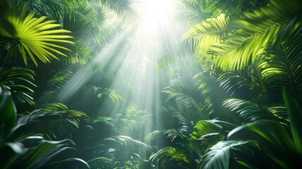 Obraz premium Lush Tropical Rainforest Sunlight Beams Through Canopy