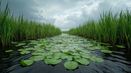 Naklejka premium Serene Canal Lush Green Water Lilies Tranquil River Nature Scene Summer Landscape