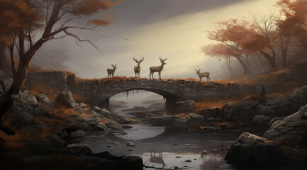 Majestic Deer on Stone Bridge – Tranquil Natural Landscape Artwork