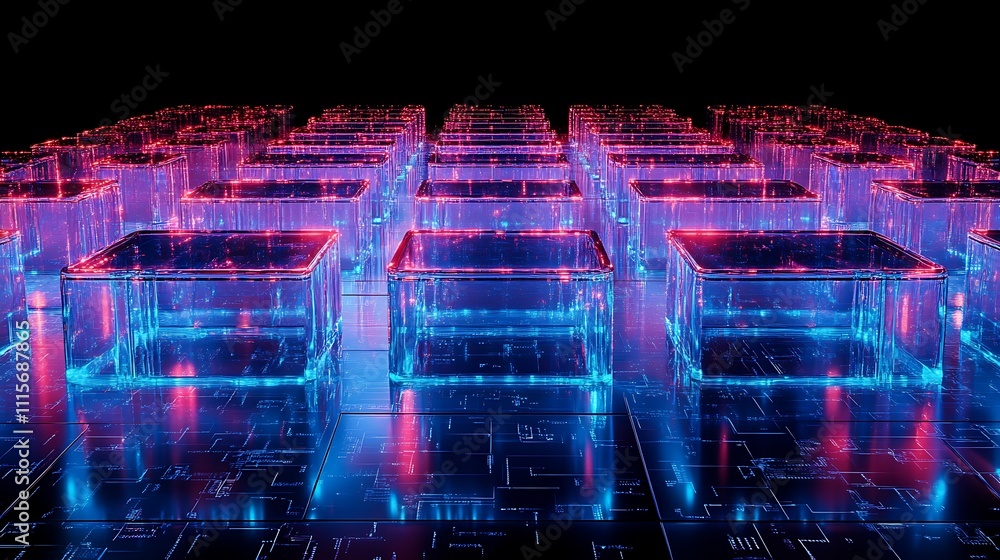 Aufkleber futuristic neon cube display with glowing edges in a digital grid environment