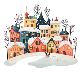 Fototapeta premium Charming winter village with snow-covered houses, cut out - stock png.